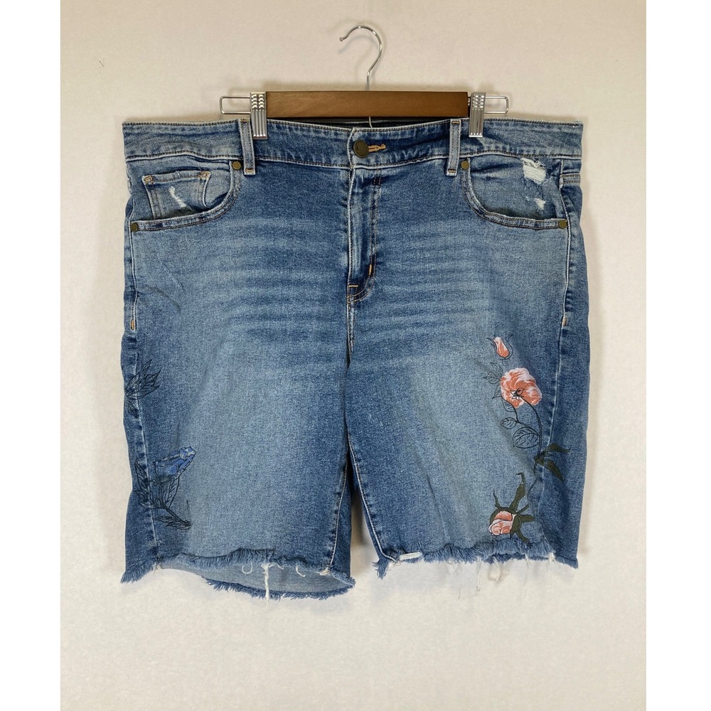 Boho Floral Lane Bryant Women 20 Blue Embroidered Bermuda Raw Hem Denim Shorts